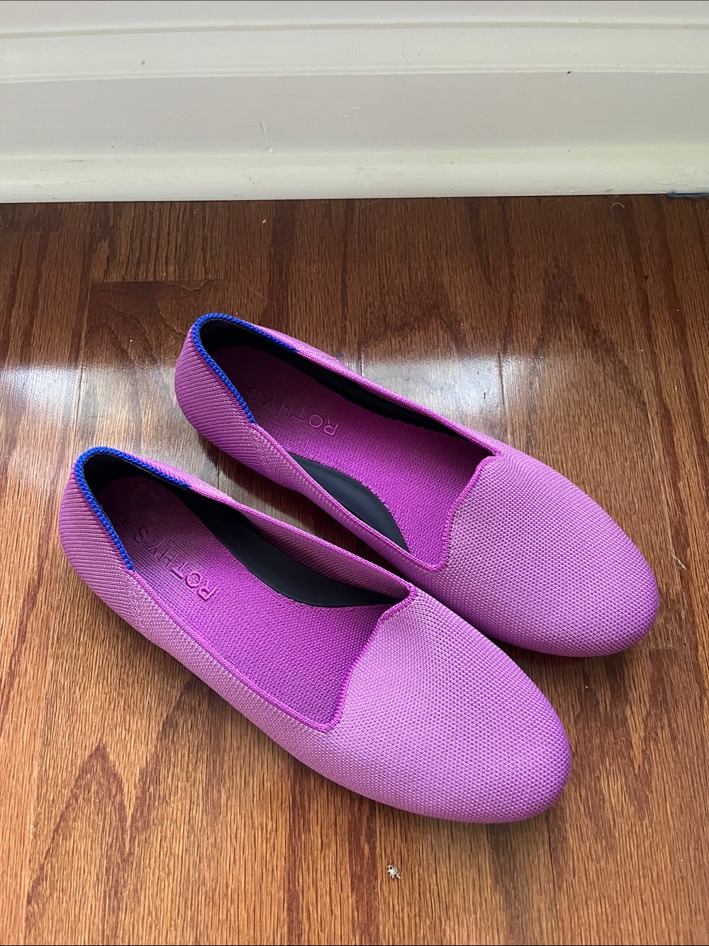 Rothy's Pink Knit Slip-On Flats with Blue Trim